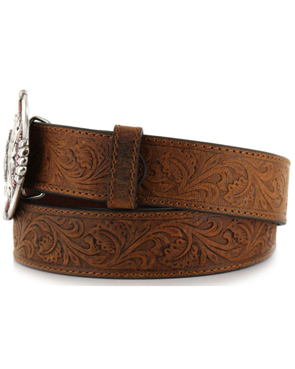 Hand Tooled Floral Leather Belt Dark Brown 36 waist